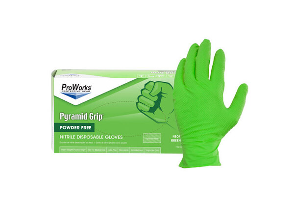 GL-NT107NGFXX NITRILE PYRAMID GRIP NEON GREEN POWDER FREE DISPOSABLE GLOVES, 8.5MIL - XXL 100/BX